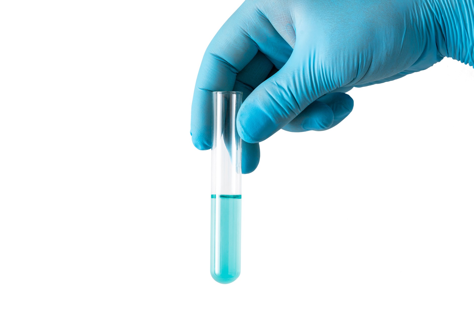 Doctor holds test tube with his hand , isolated on white background